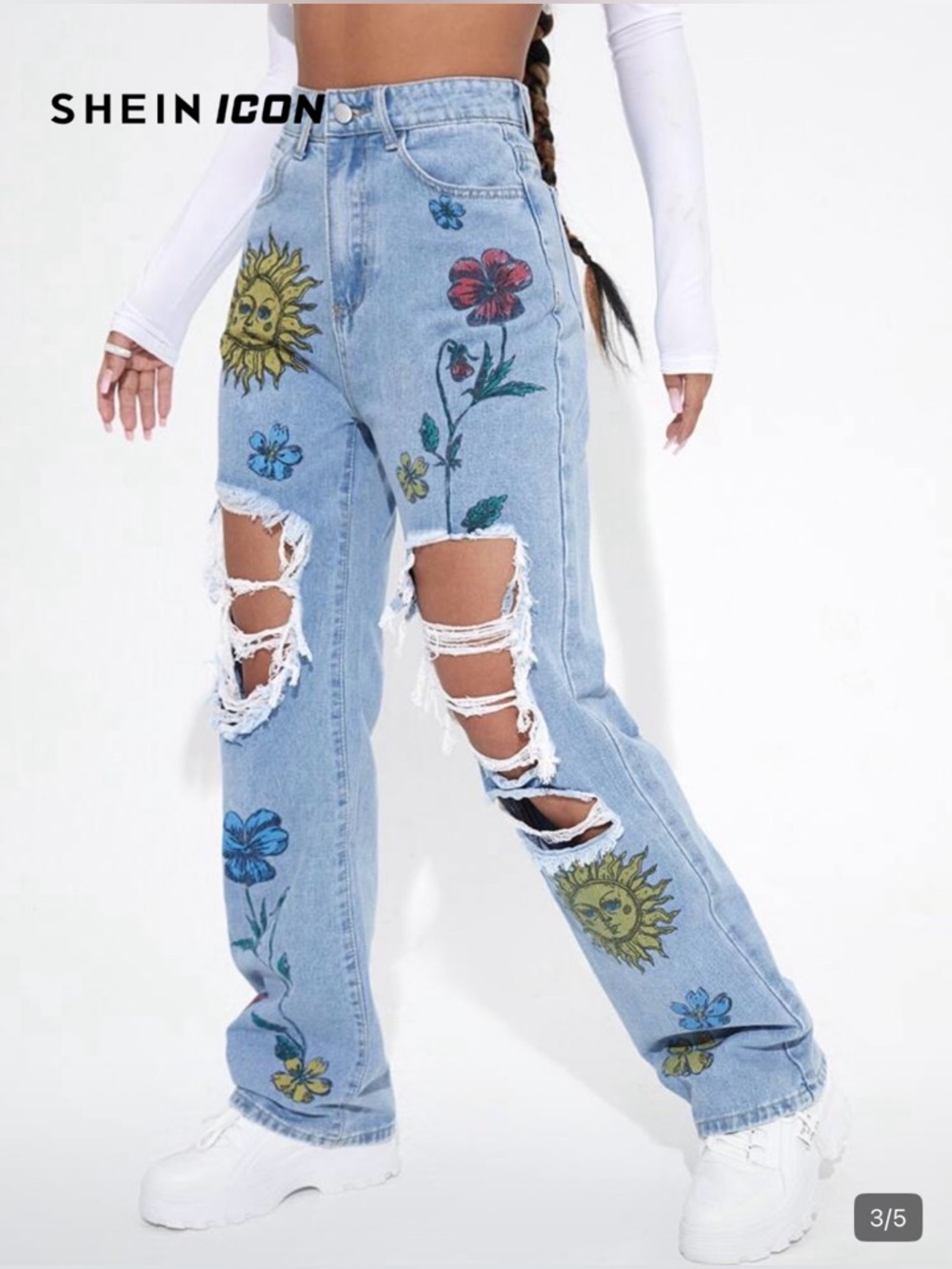 SHEIN ICON Floral High Waist Straight Leg Jeans NWOT - Picture 2 of 10
